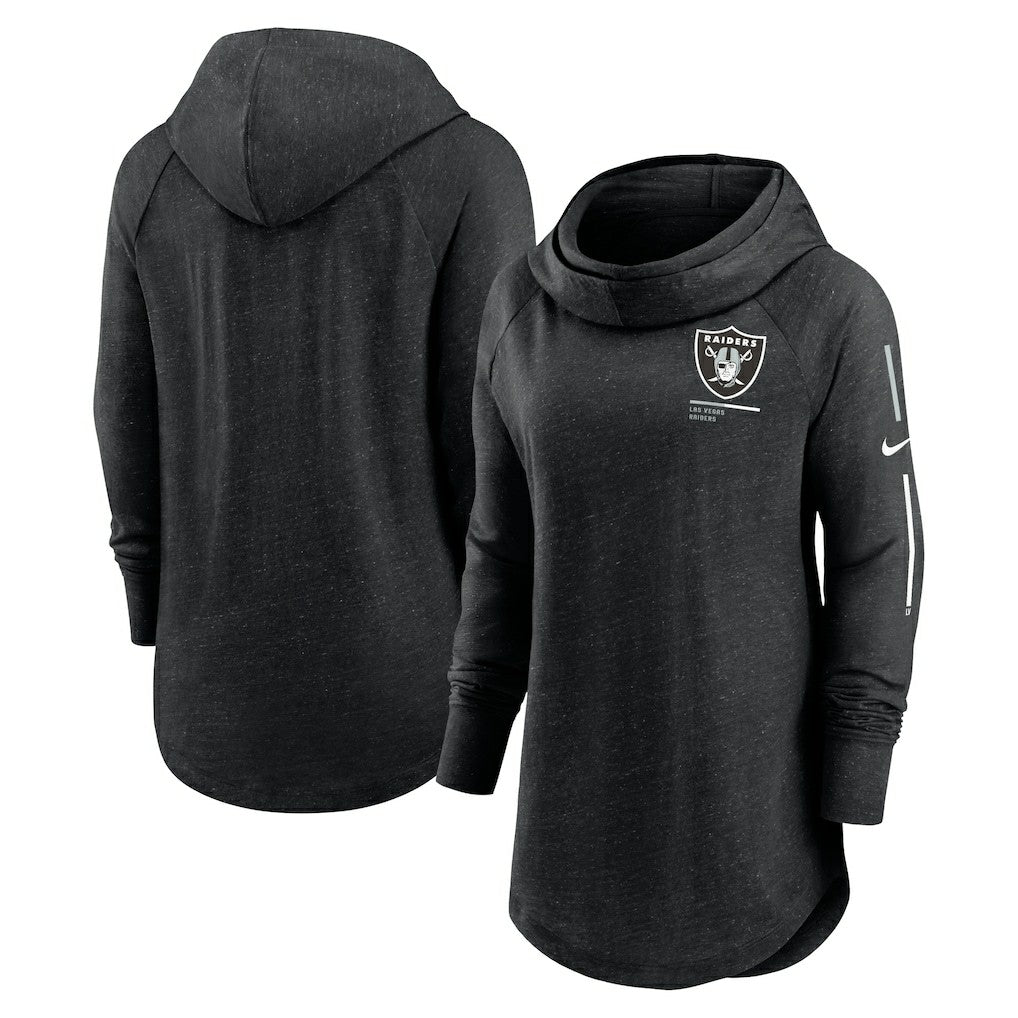 Las Vegas Raiders Women's Minimal Statement Lightweight Raglan Funnel Neck Pullover Hoodie Black | Nike for Sale