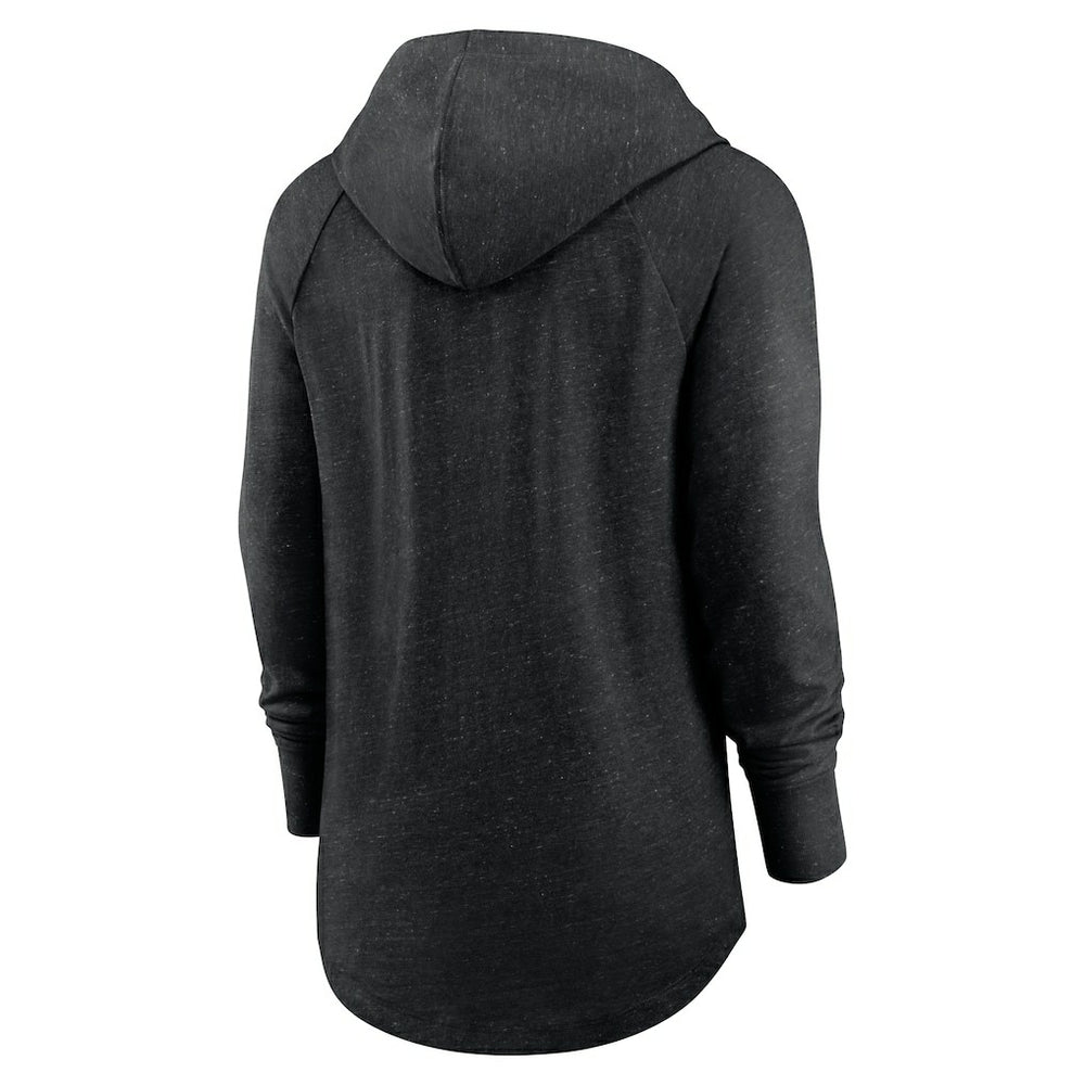 Las Vegas Raiders Women's Minimal Statement Lightweight Raglan Funnel Neck Pullover Hoodie Black | Nike for Sale