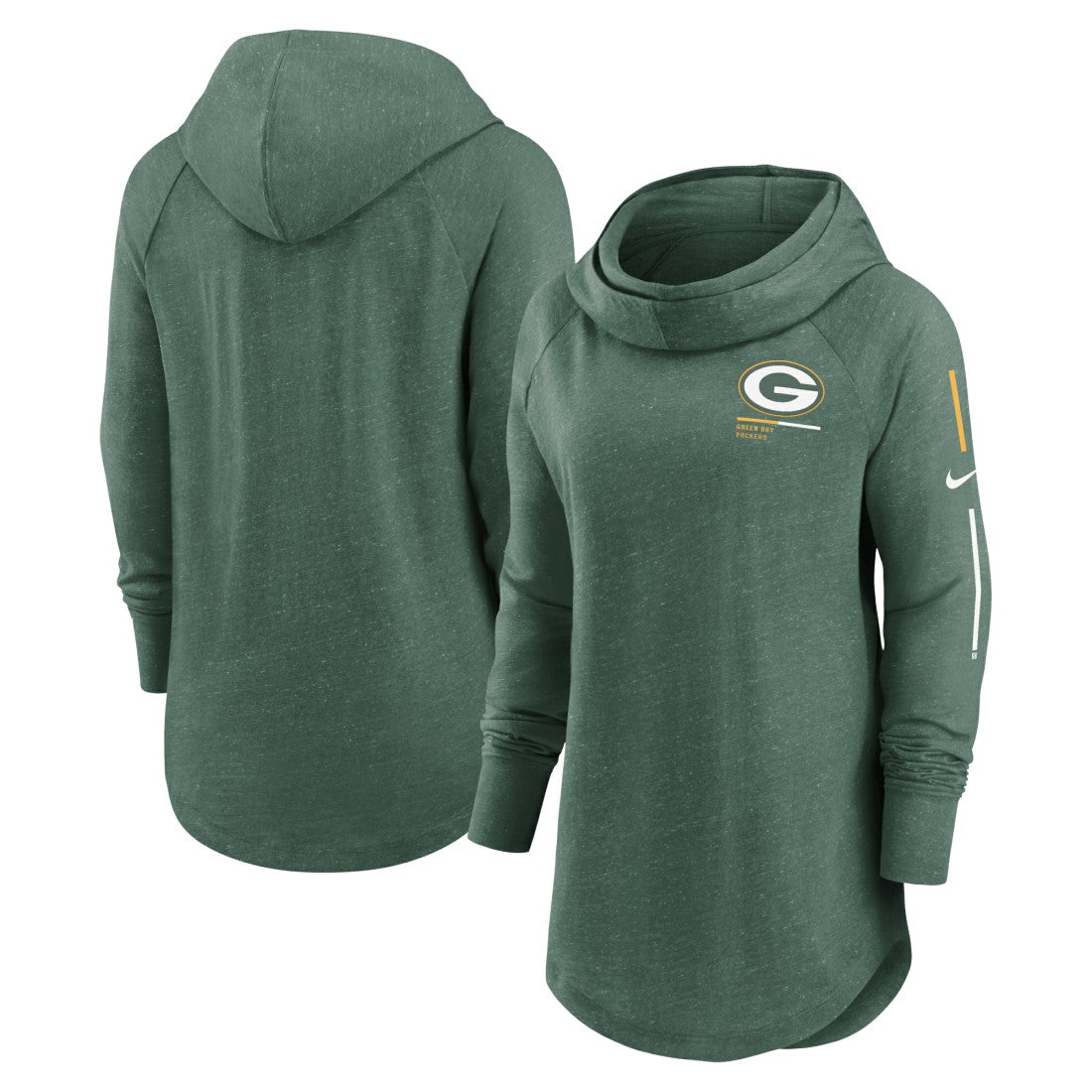 Green Bay Packers Women's Minimal Statement Lightweight Raglan Funnel Neck Pullover Hoodie Heather Green | Nike for Sale
