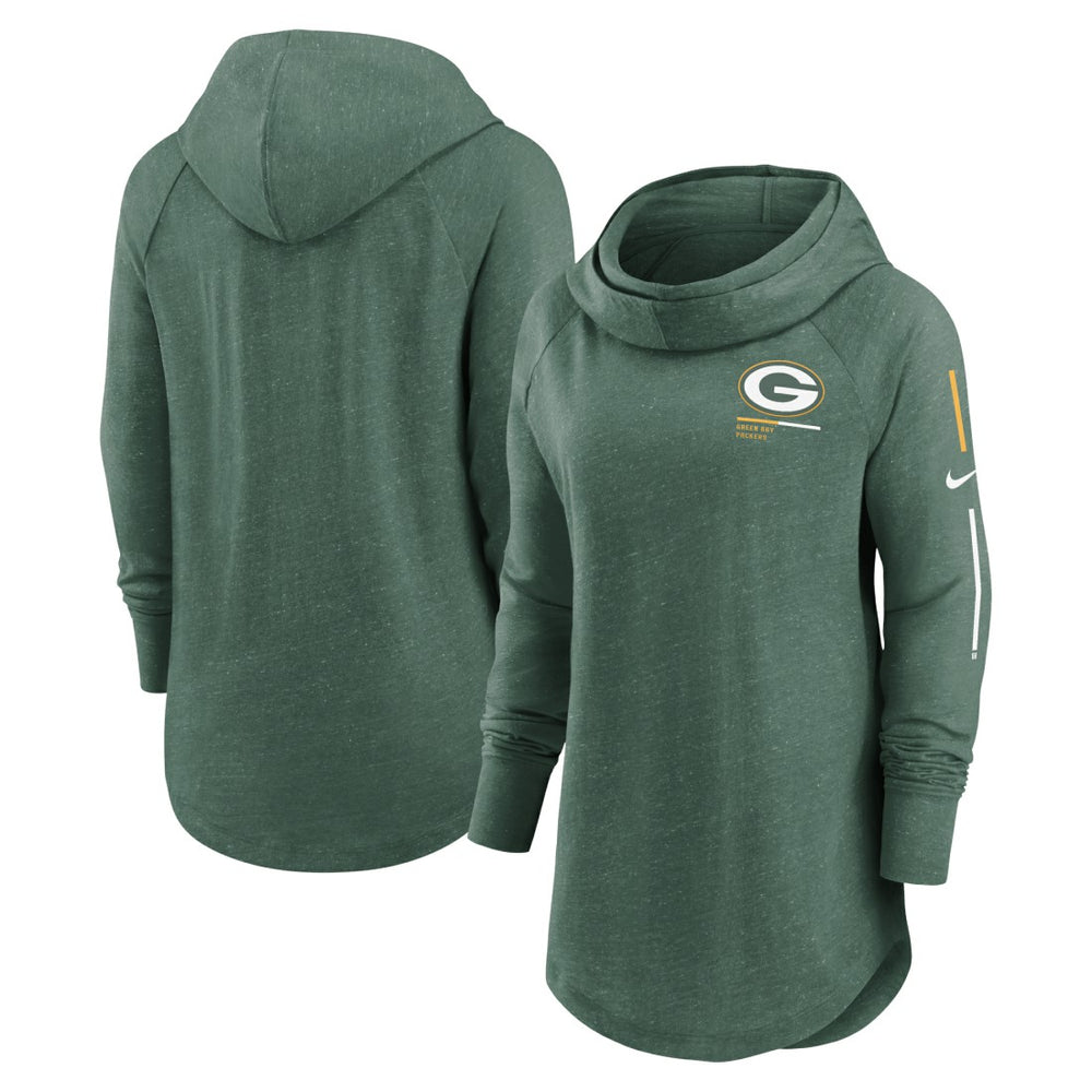 Green Bay Packers Women's Minimal Statement Lightweight Raglan Funnel Neck Pullover Hoodie Heather Green | Nike for Sale