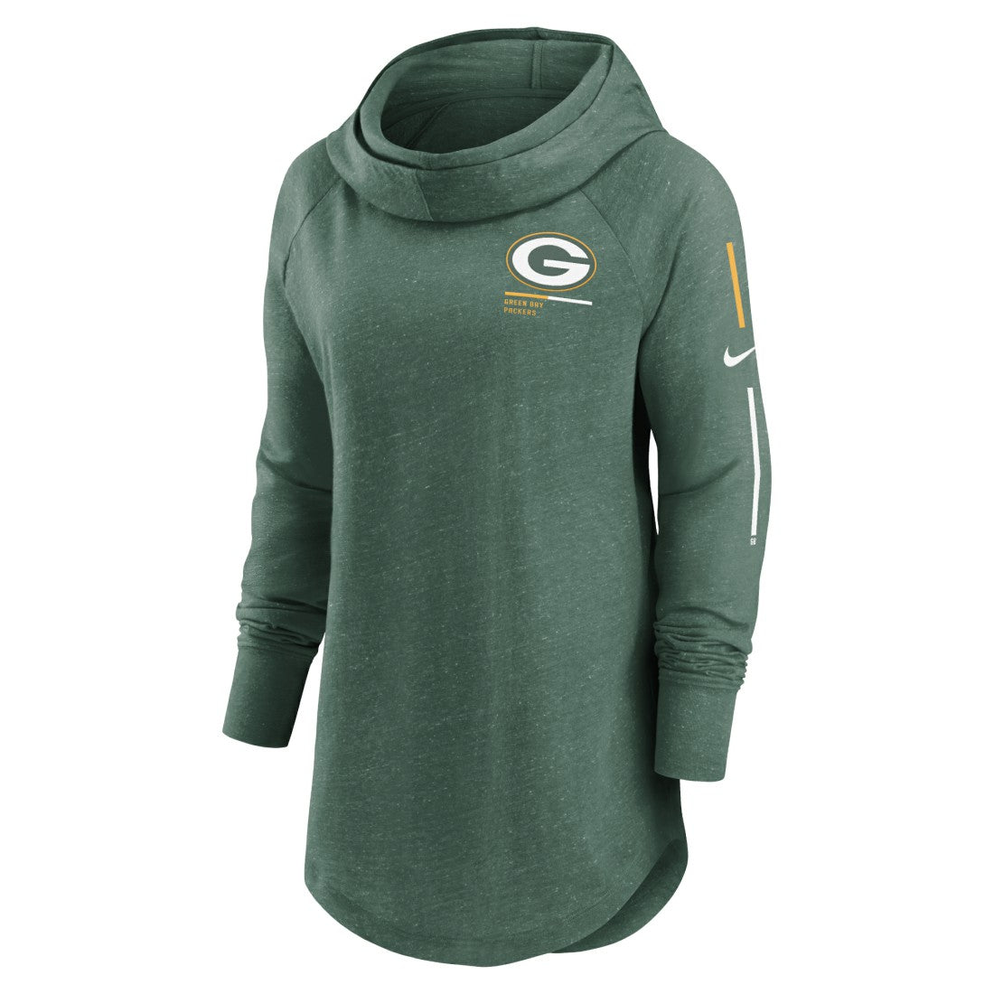 Green Bay Packers Women's Minimal Statement Lightweight Raglan Funnel Neck Pullover Hoodie Heather Green | Nike for Sale