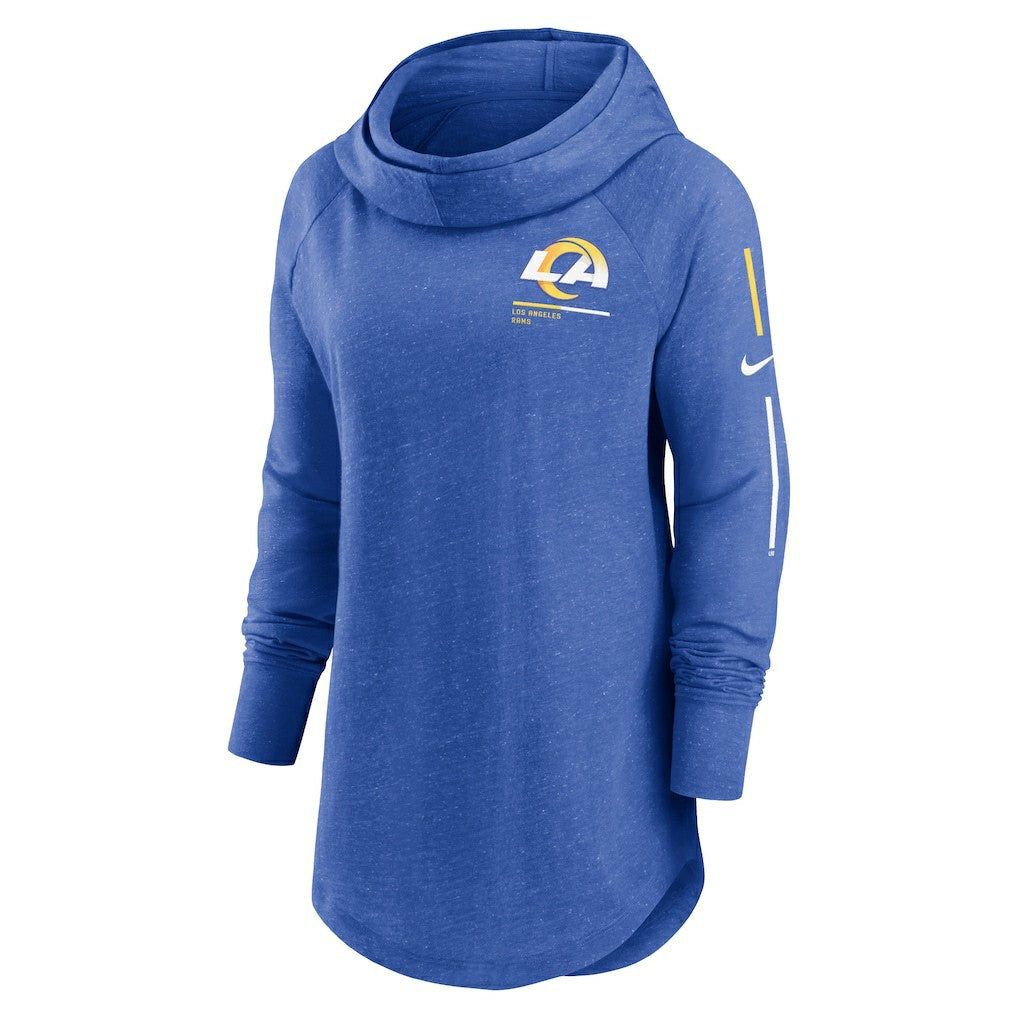 Los Angeles Rams Women's Minimal Statement Lightweight Raglan Funnel Neck Pullover Hoodie Royal | Nike for Sale