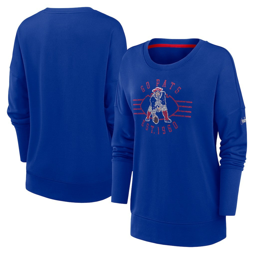 New England Patriots Women's Rewind Playback Icon Performance Pullover Sweatshirt Royal | Nike for Sale