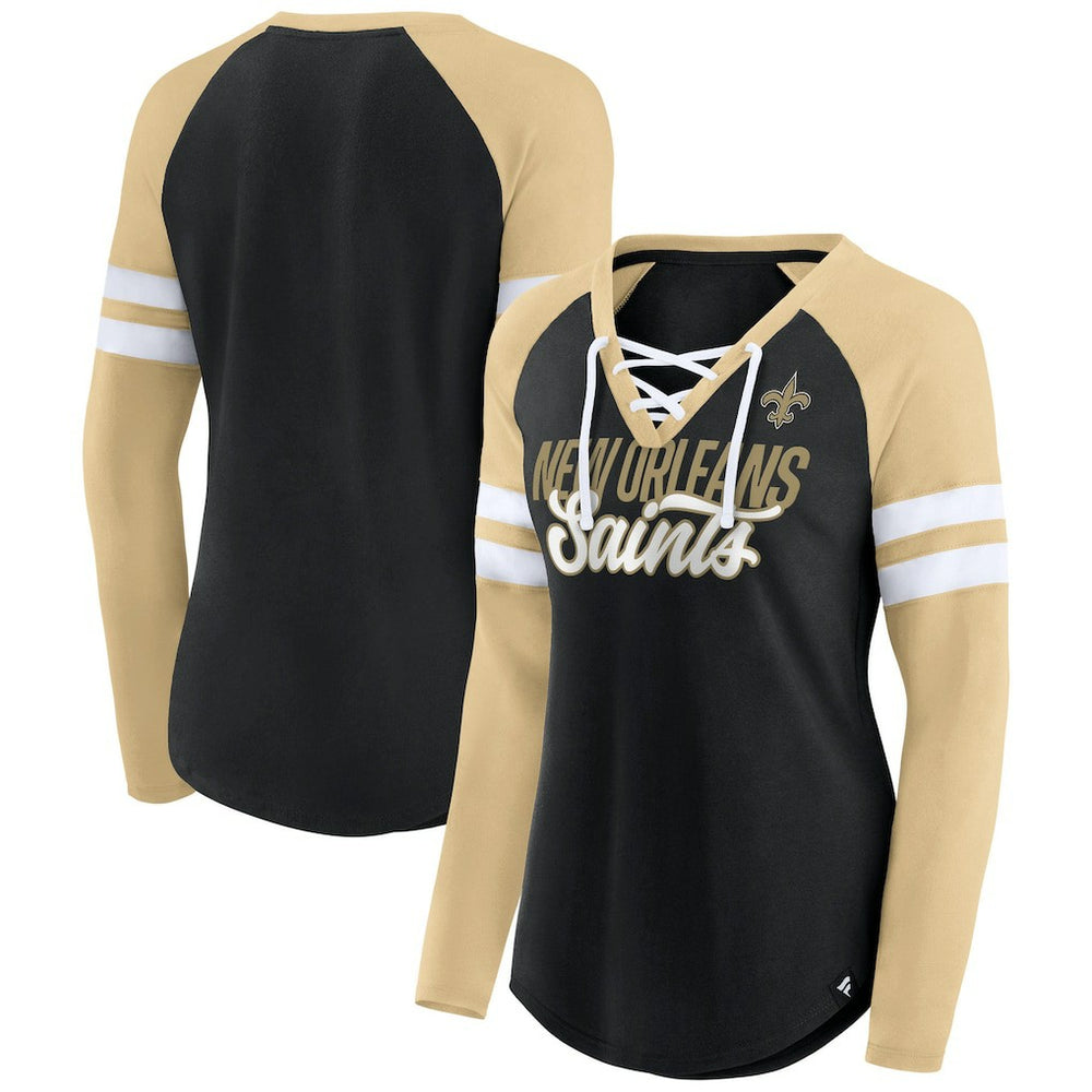 New Orleans Saints Women's True to Form Raglan Lace-Up V-Neck Long Sleeve T-Shirt Black/Gold | Fanatics