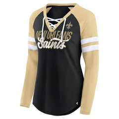 New Orleans Saints Women's True to Form Raglan Lace-Up V-Neck Long Sleeve T-Shirt Black/Gold | Fanatics