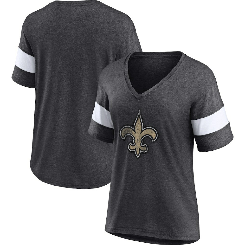 New Orleans Saints Women's Distressed Team Tri-Blend V-Neck T-Shirt Heathered Charcoal/White | Fanatics
