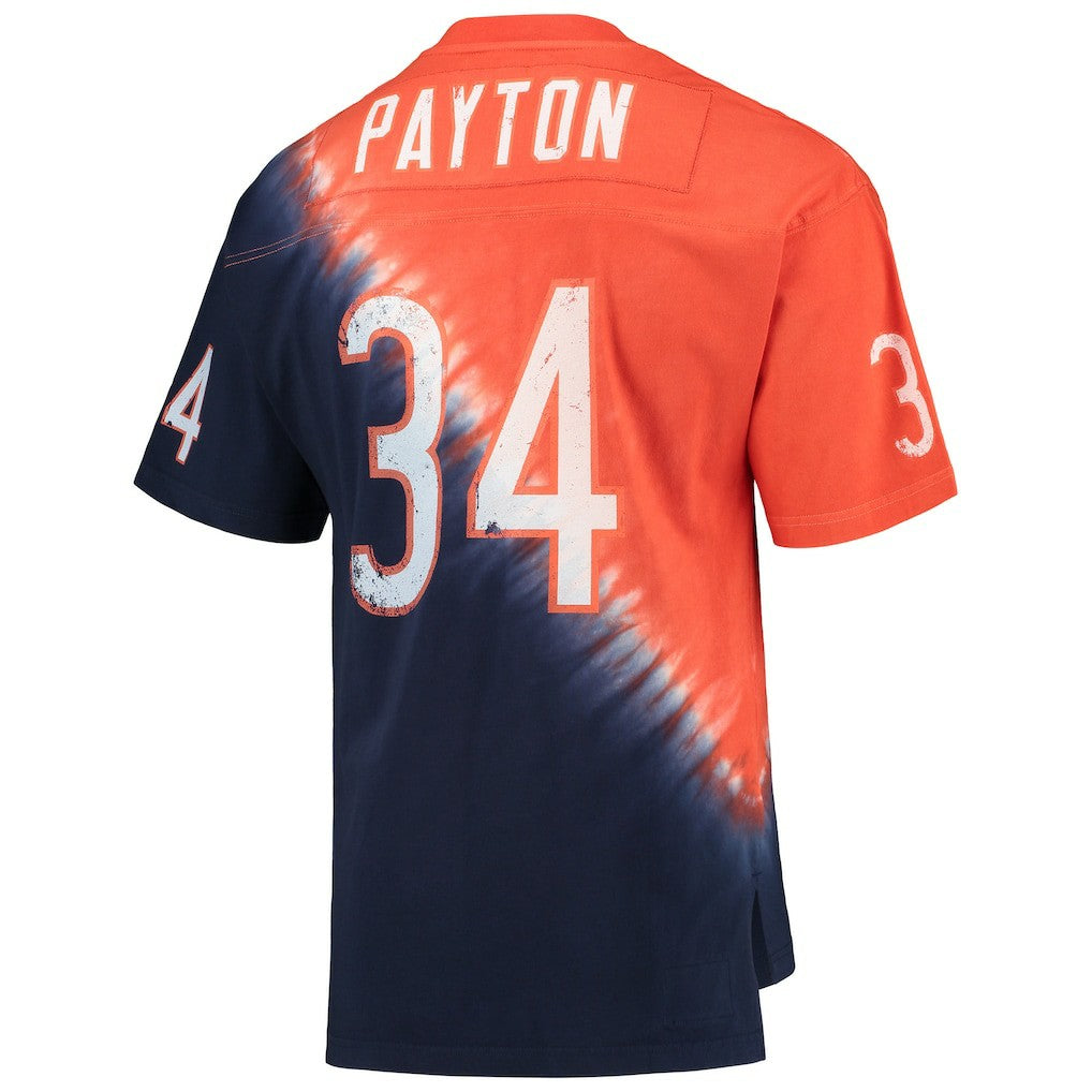 Walter Payton Chicago Bears Retired Player Name & Number Diagonal Tie-Dye V-Neck T-Shirt Orange/Navy | Mitchell & Ness