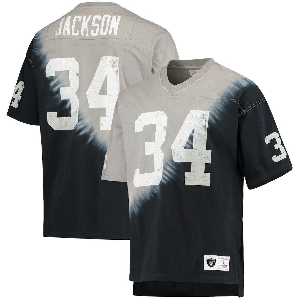 Bo Jackson Las Vegas Raiders Retired Player Name & Number Diagonal Tie-Dye V-Neck T-Shirt Black/Silver | Mitchell & Ness