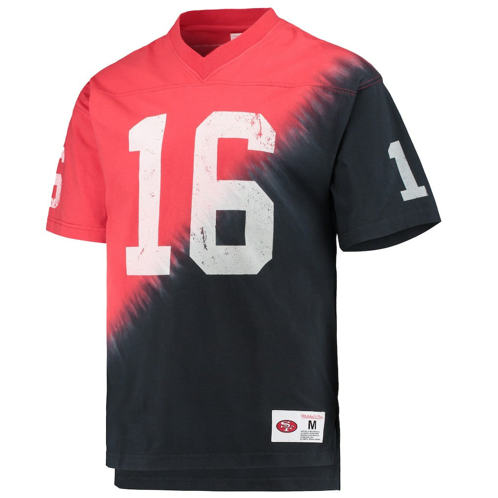 Joe Montana San Francisco 49ers Retired Player Name & Number Diagonal Tie-Dye V-Neck T-Shirt Black/Red | Mitchell & Ness
