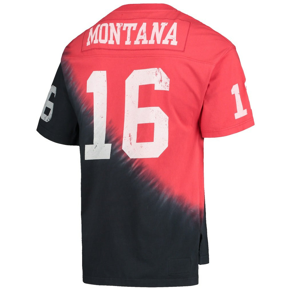Joe Montana San Francisco 49ers Retired Player Name & Number Diagonal Tie-Dye V-Neck T-Shirt Black/Red | Mitchell & Ness