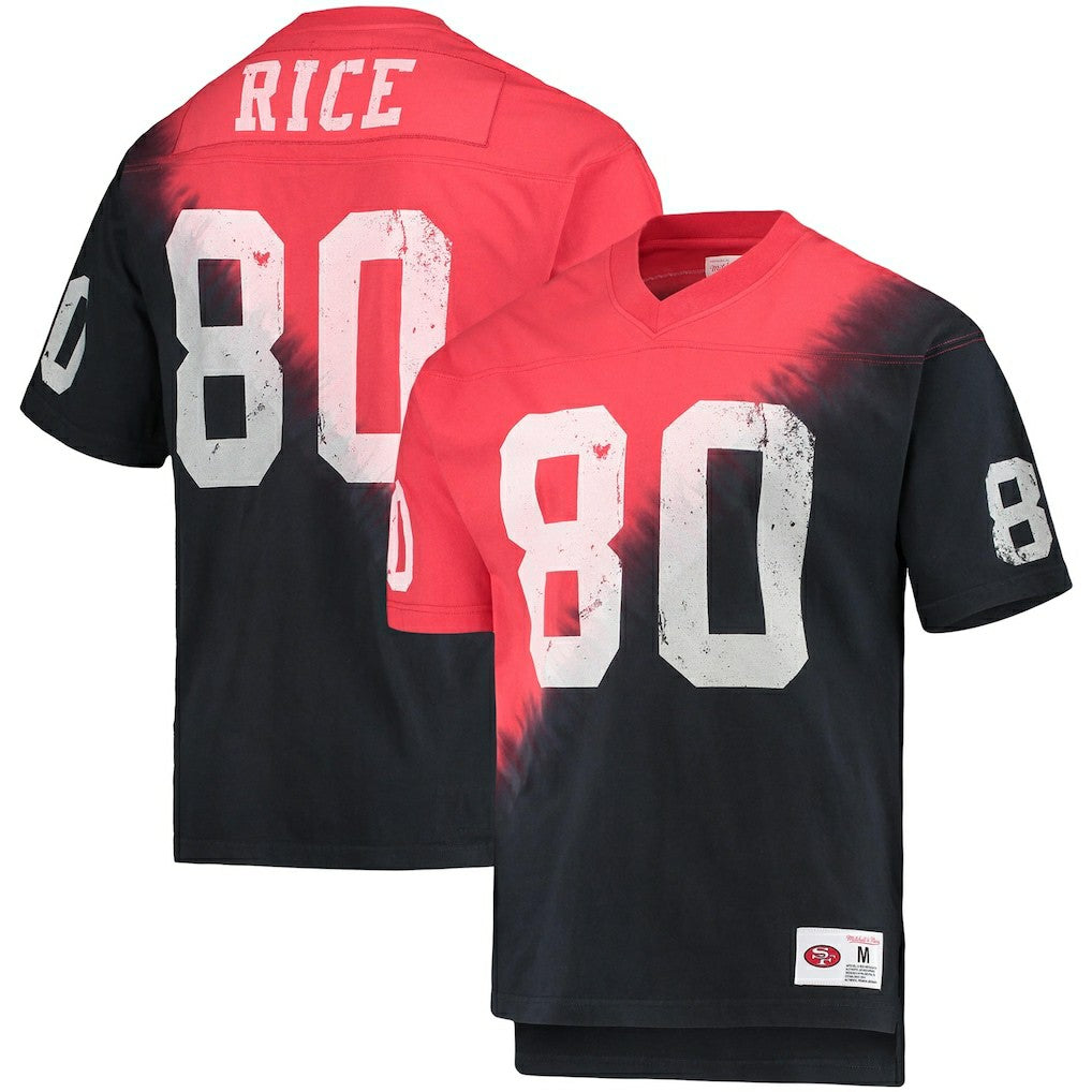 Jerry Rice San Francisco 49ers Retired Player Name & Number Diagonal Tie-Dye V-Neck T-Shirt Black/Red | Mitchell & Ness