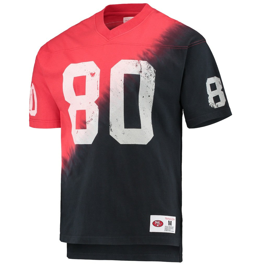 Jerry Rice San Francisco 49ers Retired Player Name & Number Diagonal Tie-Dye V-Neck T-Shirt Black/Red | Mitchell & Ness