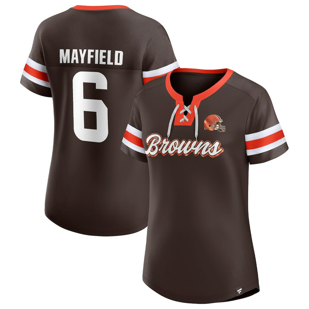 Baker Mayfield Cleveland Browns Women's Athena Name & Number Notch Neck T-Shirt Brown | Fanatics