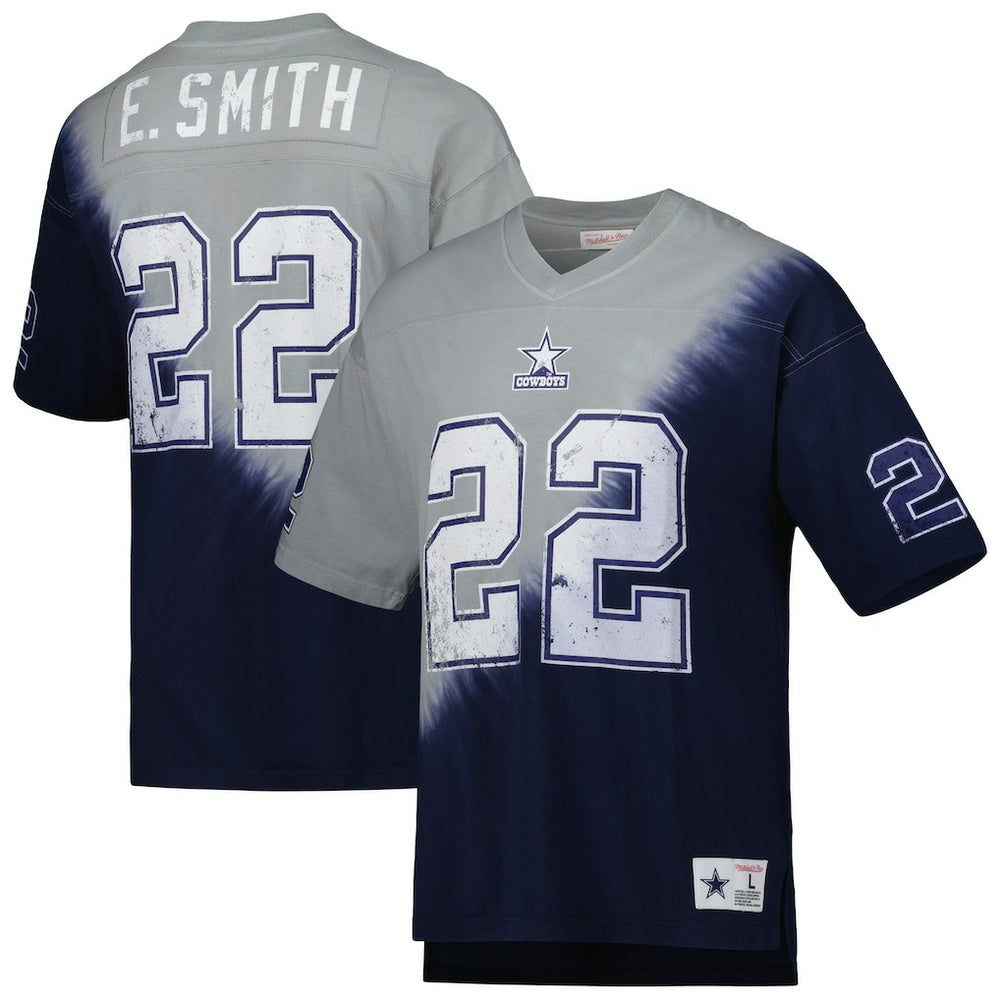 Emmitt Smith Dallas Cowboys Retired Player Name & Number Diagonal Tie-Dye V-Neck T-Shirt Navy/Gray | Mitchell & Ness