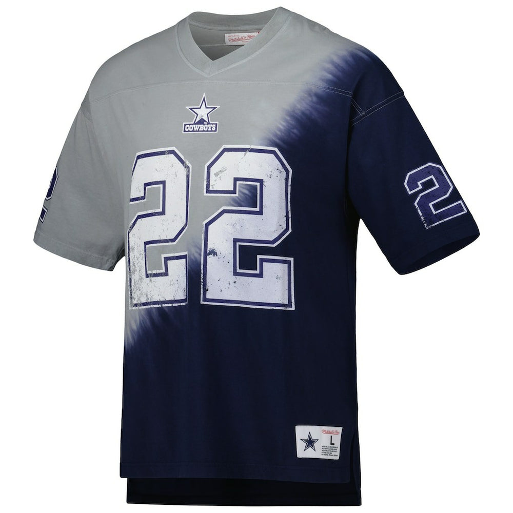 Emmitt Smith Dallas Cowboys Retired Player Name & Number Diagonal Tie-Dye V-Neck T-Shirt Navy/Gray | Mitchell & Ness