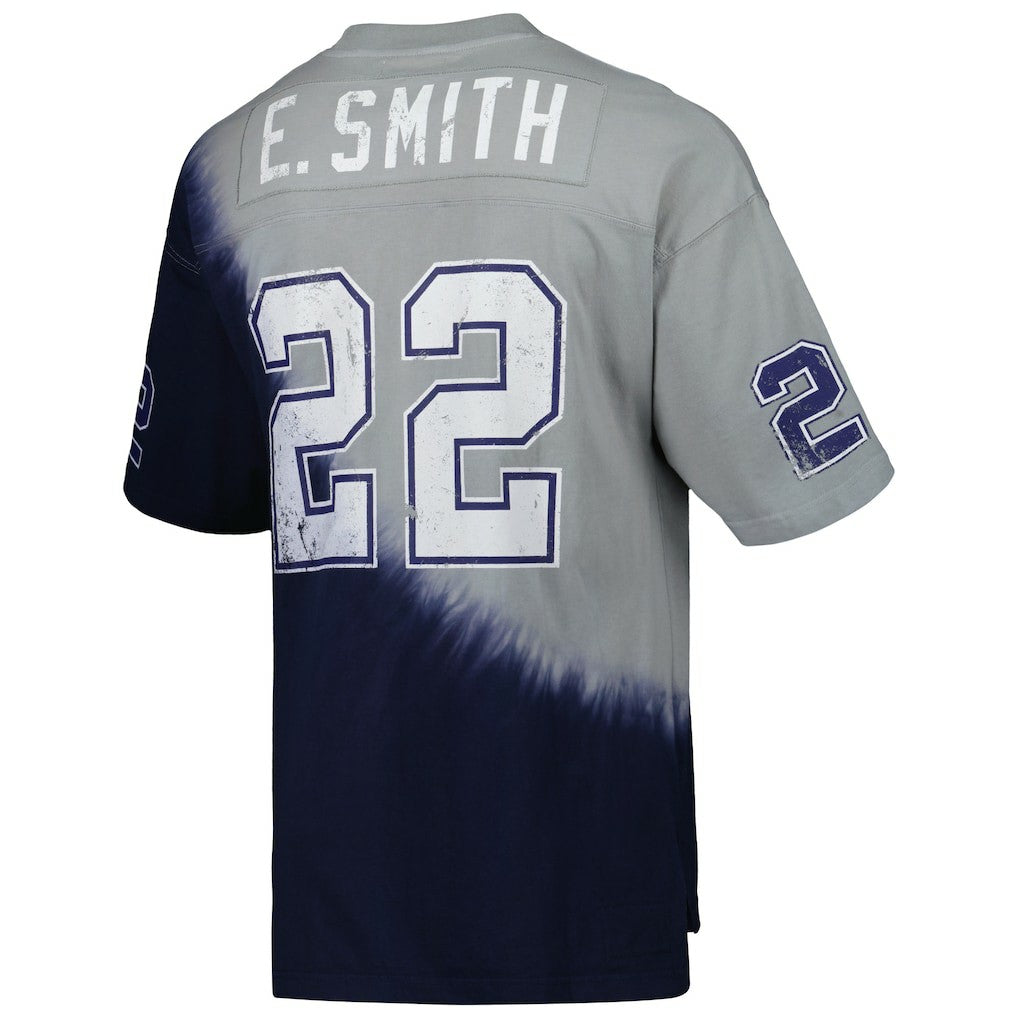 Emmitt Smith Dallas Cowboys Retired Player Name & Number Diagonal Tie-Dye V-Neck T-Shirt Navy/Gray | Mitchell & Ness
