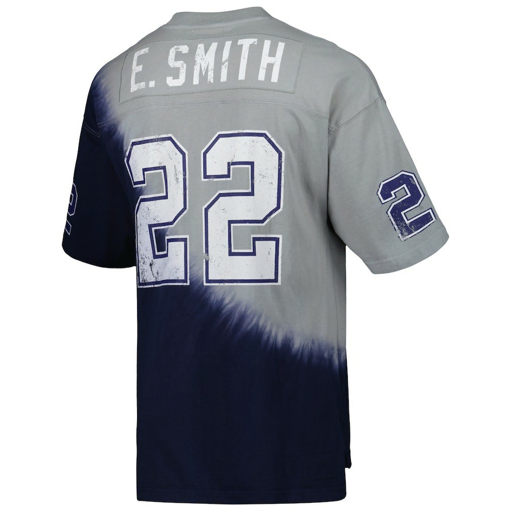 Emmitt Smith Dallas Cowboys Retired Player Name & Number Diagonal Tie-Dye V-Neck T-Shirt Navy/Gray | Mitchell & Ness