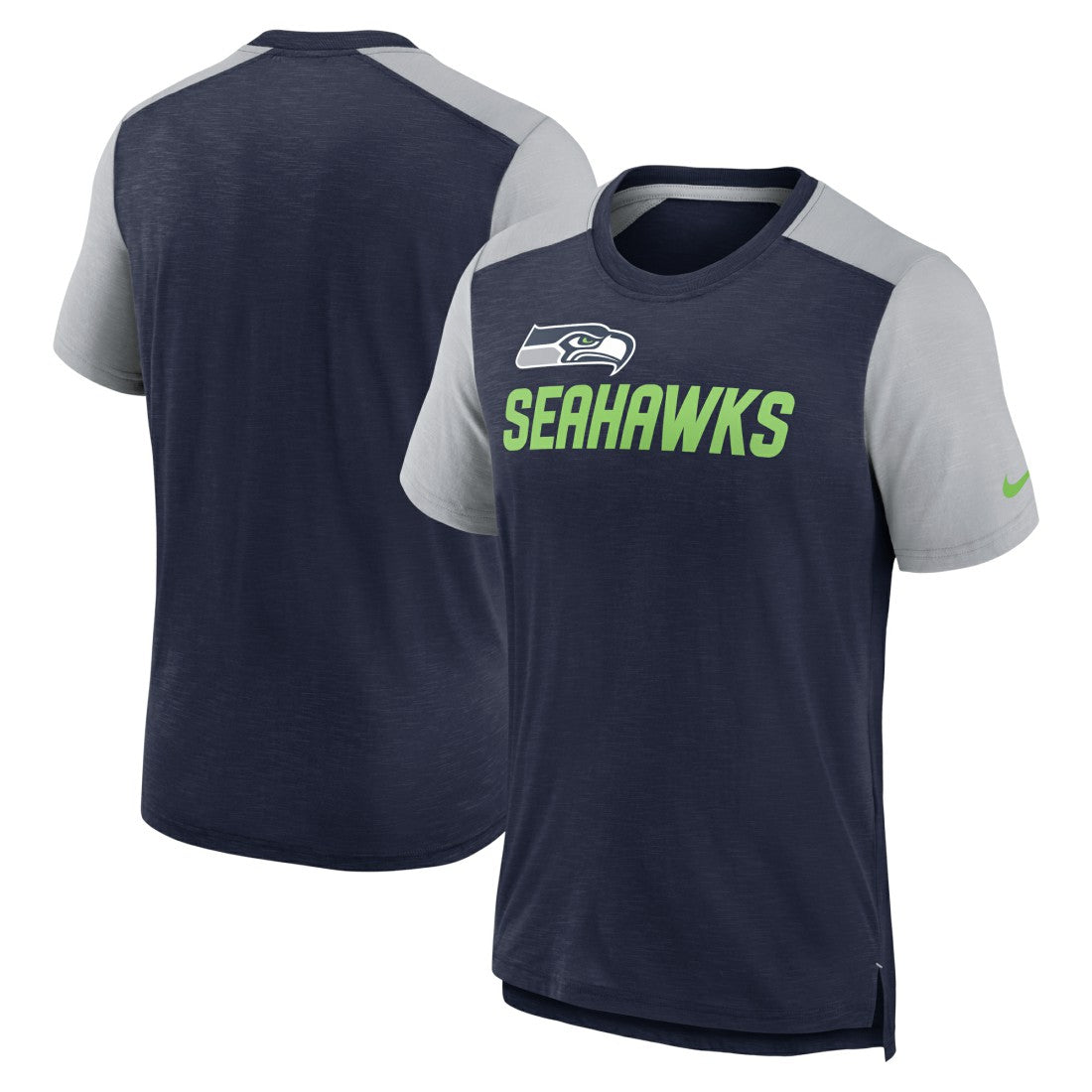 Seattle Seahawks Color Block Team Name T-Shirt Heathered College Navy/Heathered Gray | Nike for Sale
