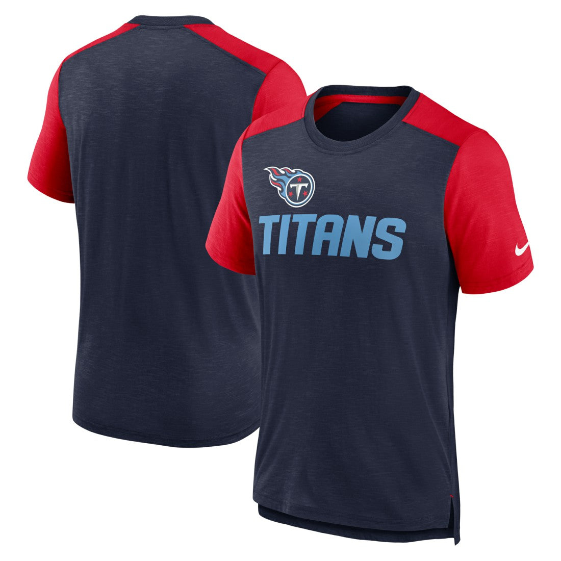 Tennessee Titans Color Block Team Name T-Shirt Heathered Navy/Heathered Red | Nike for Sale