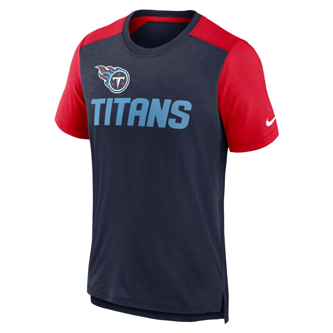 Tennessee Titans Color Block Team Name T-Shirt Heathered Navy/Heathered Red | Nike for Sale
