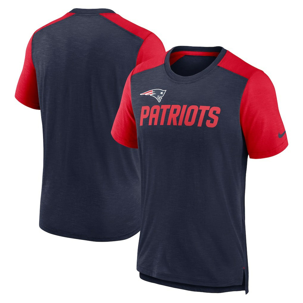 New England Patriots Color Block Team Name T-Shirt Heathered Navy/Heathered Red | Nike for Sale