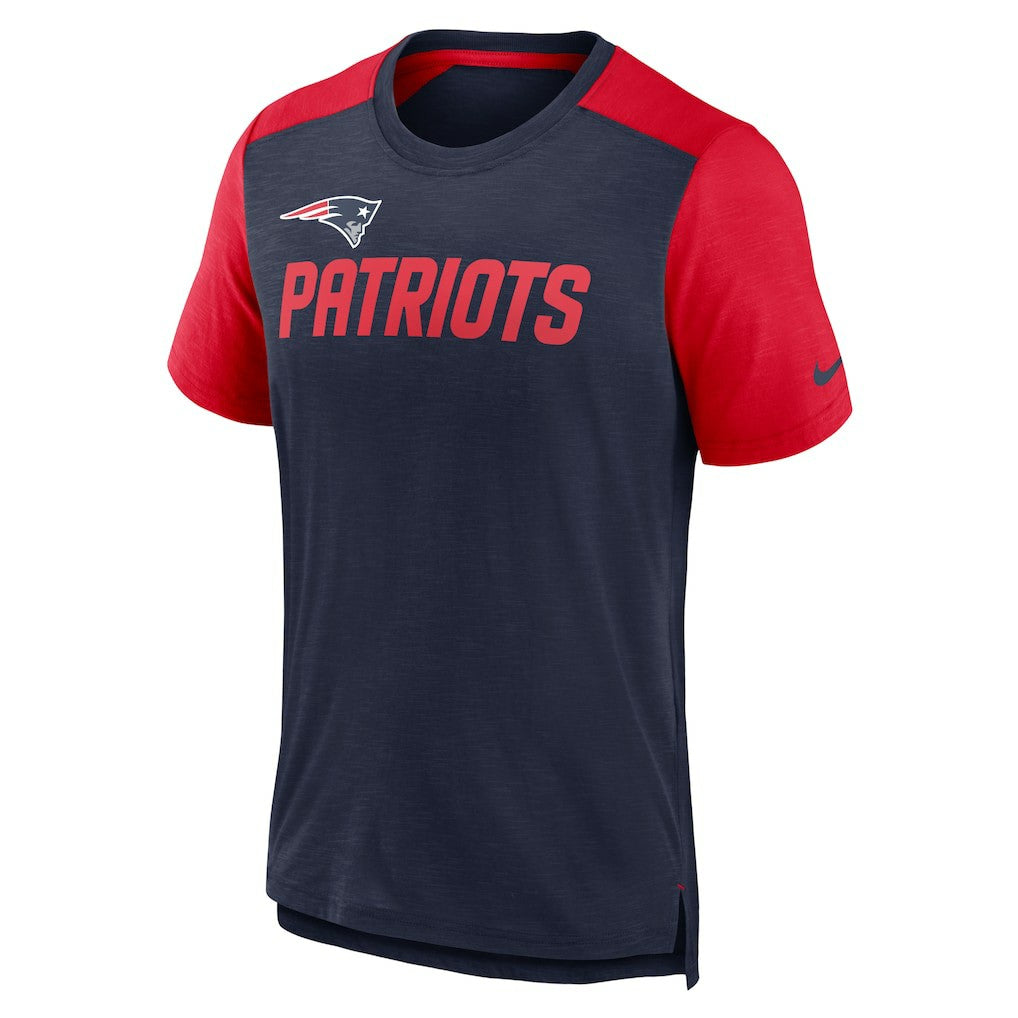 New England Patriots Color Block Team Name T-Shirt Heathered Navy/Heathered Red | Nike for Sale
