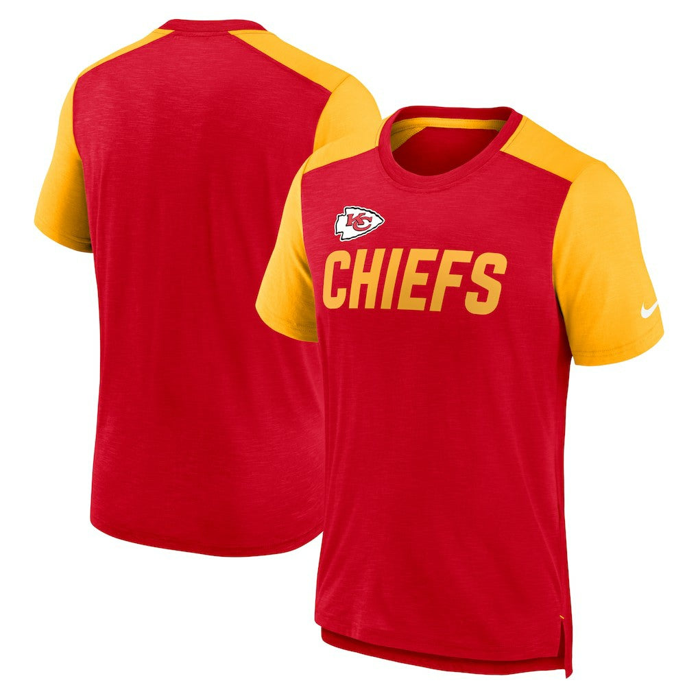Kansas City Chiefs Color Block Team Name T-Shirt Heathered Red/Heathered Gold | Nike for Sale