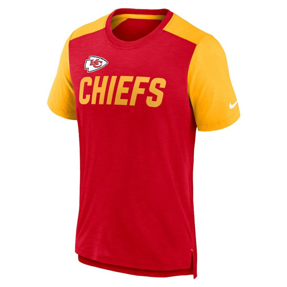 Kansas City Chiefs Color Block Team Name T-Shirt Heathered Red/Heathered Gold | Nike for Sale