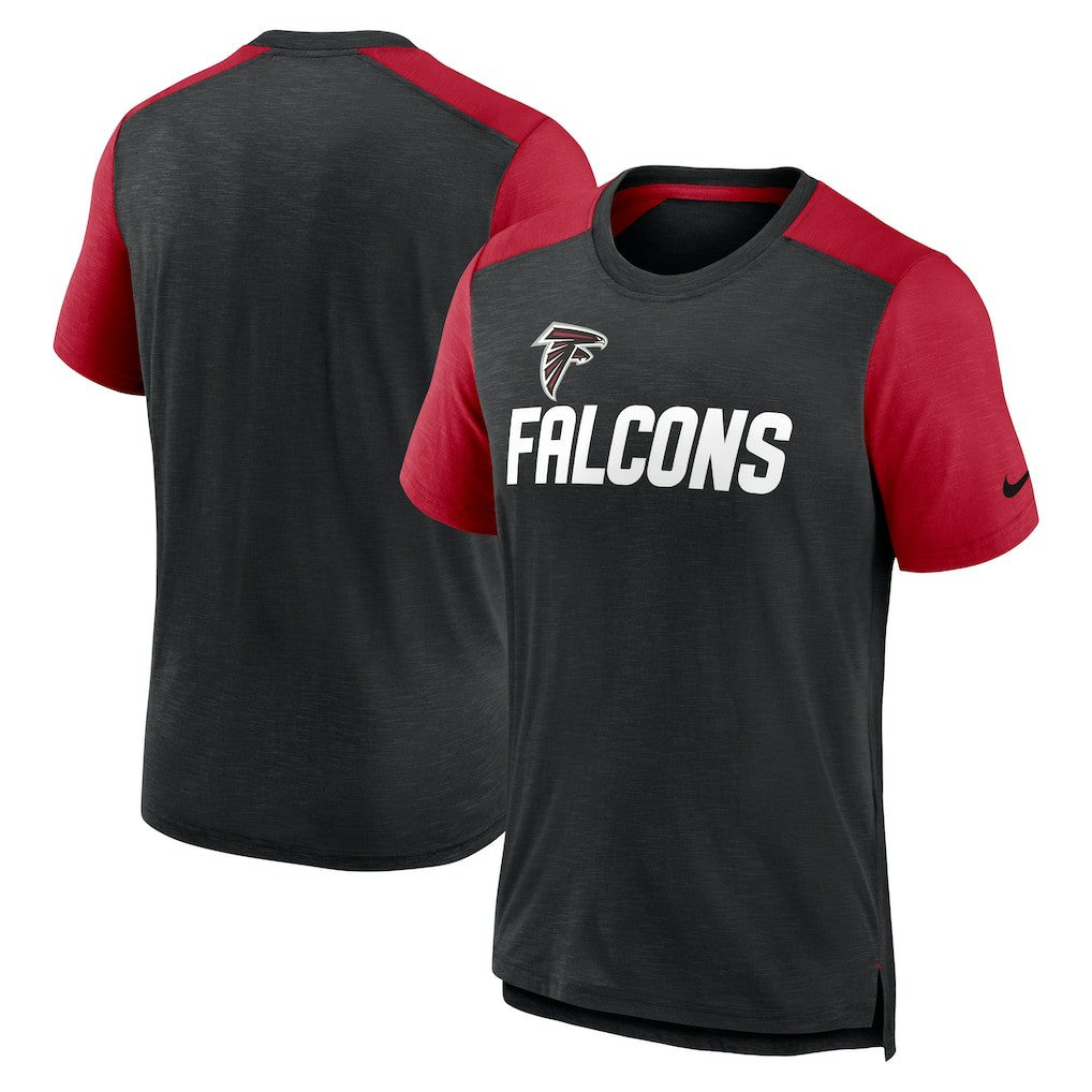 Atlanta Falcons Color Block Team Name T-Shirt Heathered Black/Heathered Red | Nike for Sale