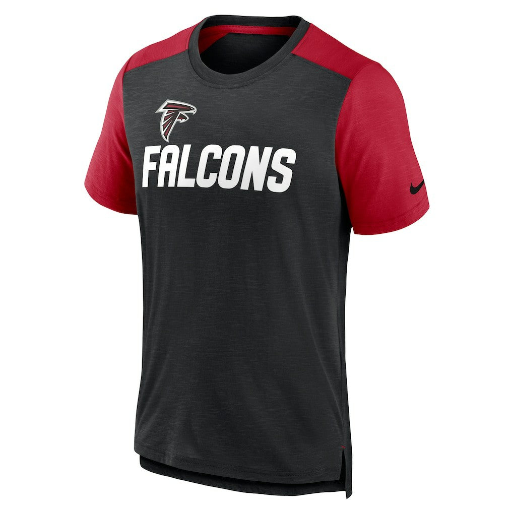 Atlanta Falcons Color Block Team Name T-Shirt Heathered Black/Heathered Red | Nike for Sale