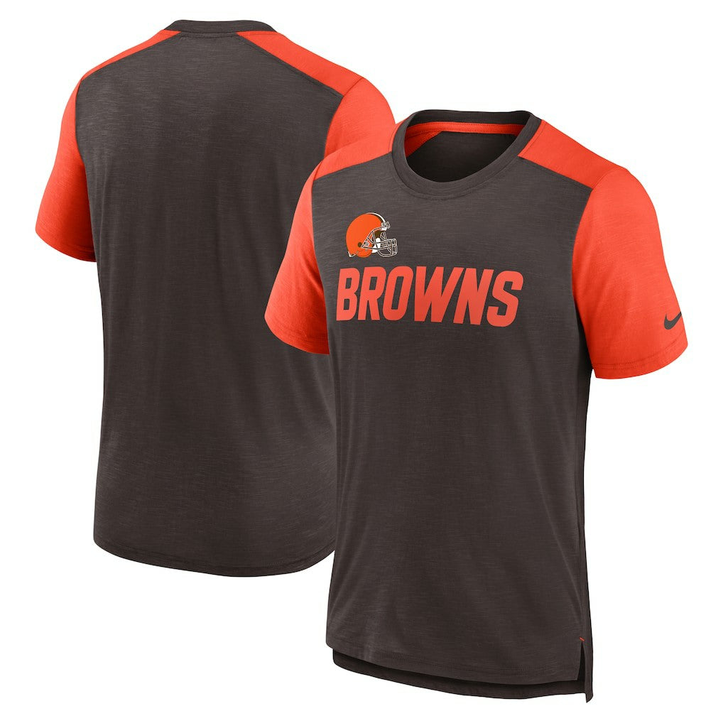 Cleveland Browns Color Block Team Name T-Shirt Heathered Brown/Heathered Orange | Nike for Sale