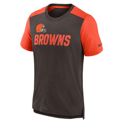 Cleveland Browns Color Block Team Name T-Shirt Heathered Brown/Heathered Orange | Nike for Sale
