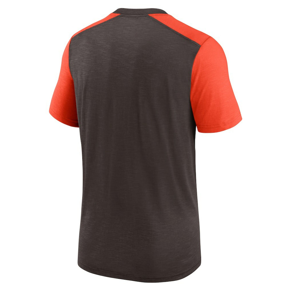 Cleveland Browns Color Block Team Name T-Shirt Heathered Brown/Heathered Orange | Nike for Sale