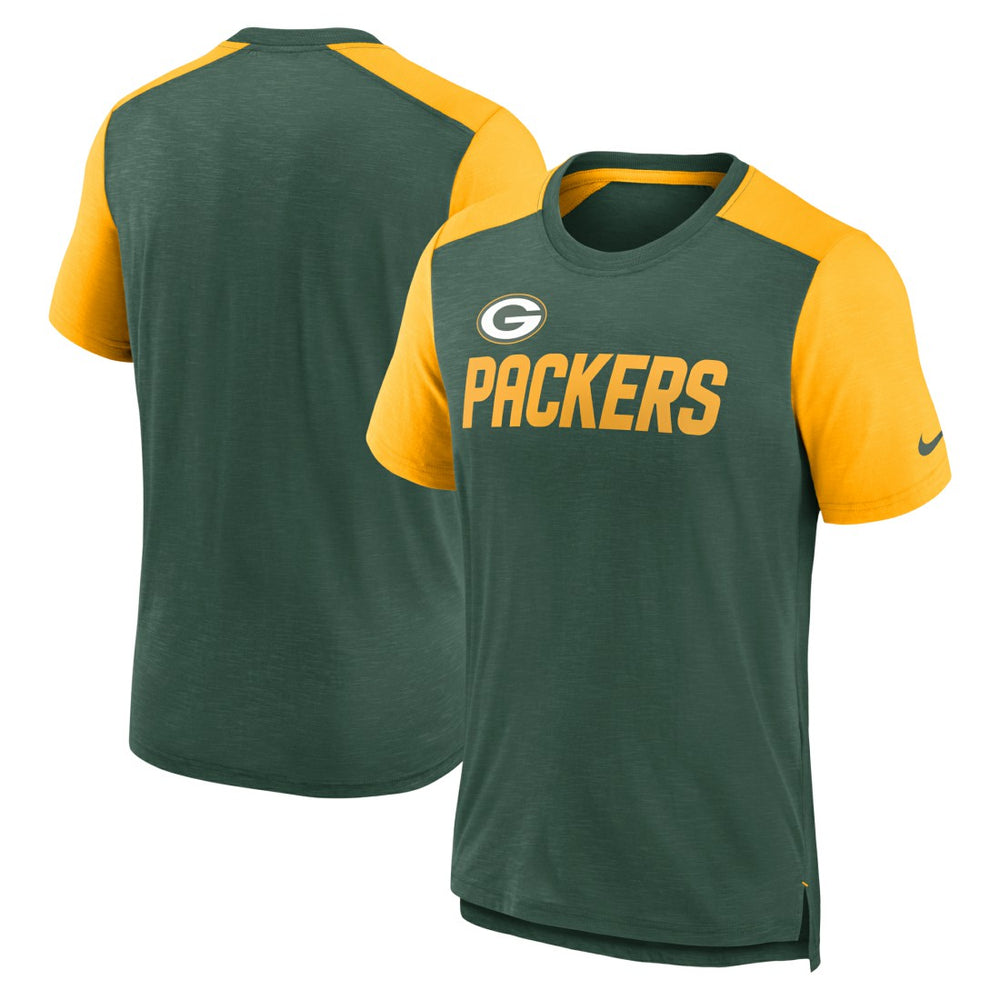 Green Bay Packers Color Block Team Name T-Shirt Heathered Green/Heathered Gold | Nike for Sale