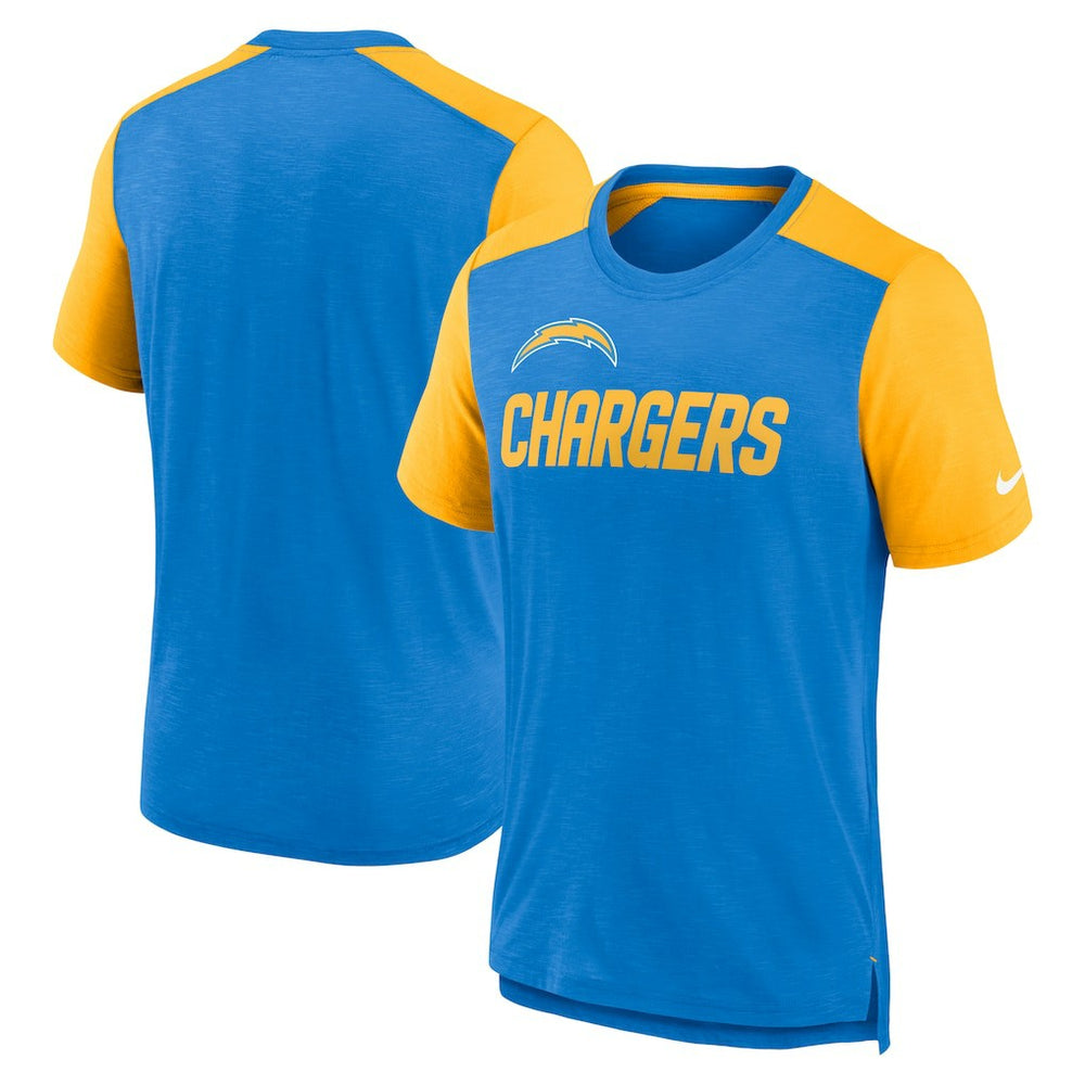 Los Angeles Chargers Color Block Team Name T-Shirt Heathered Powder Blue/Heathered Gold | Nike for Sale