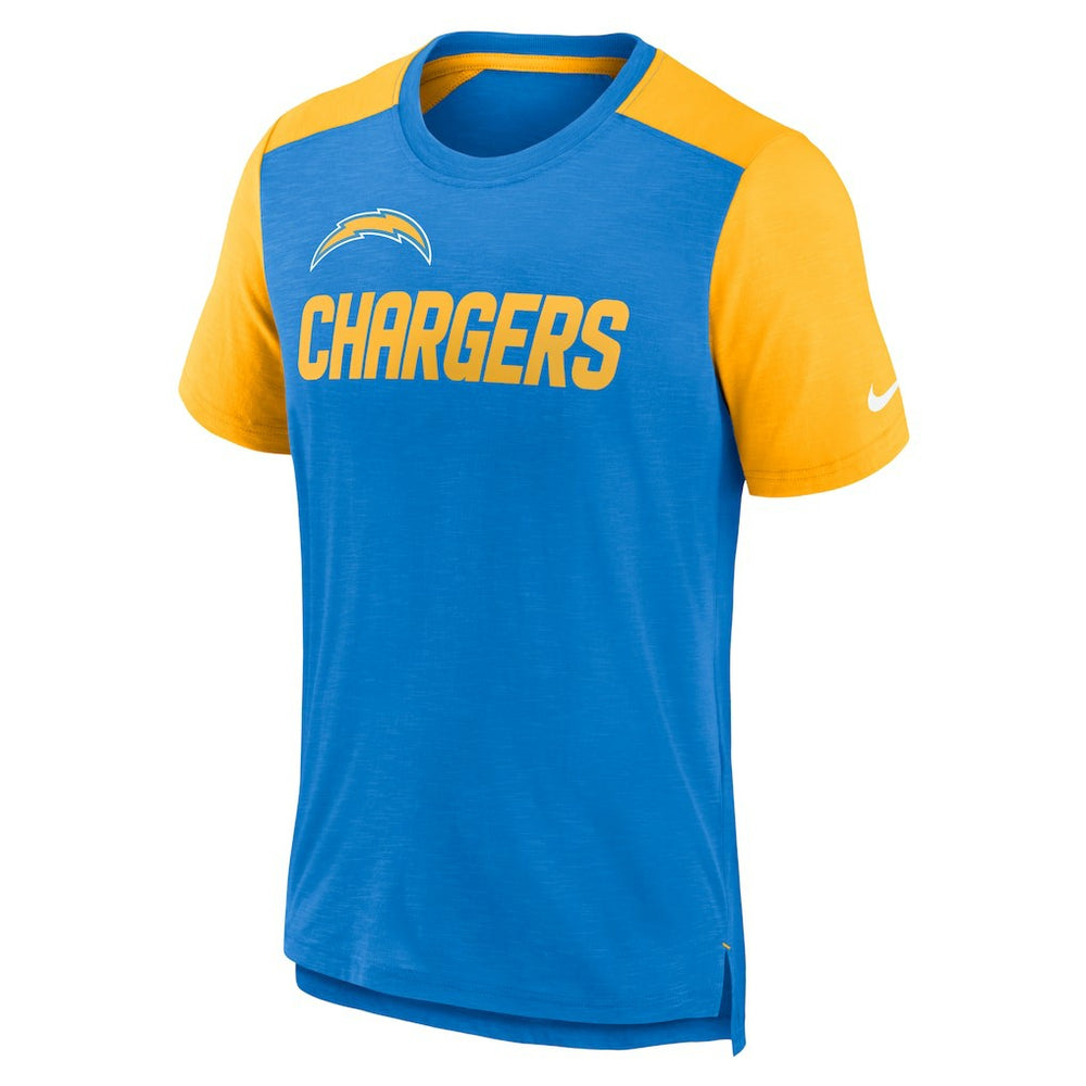Los Angeles Chargers Color Block Team Name T-Shirt Heathered Powder Blue/Heathered Gold | Nike for Sale