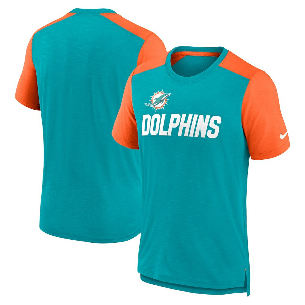 Miami Dolphins Color Block Team Name T-Shirt Heathered Aqua/Heathered Orange | Nike for Sale