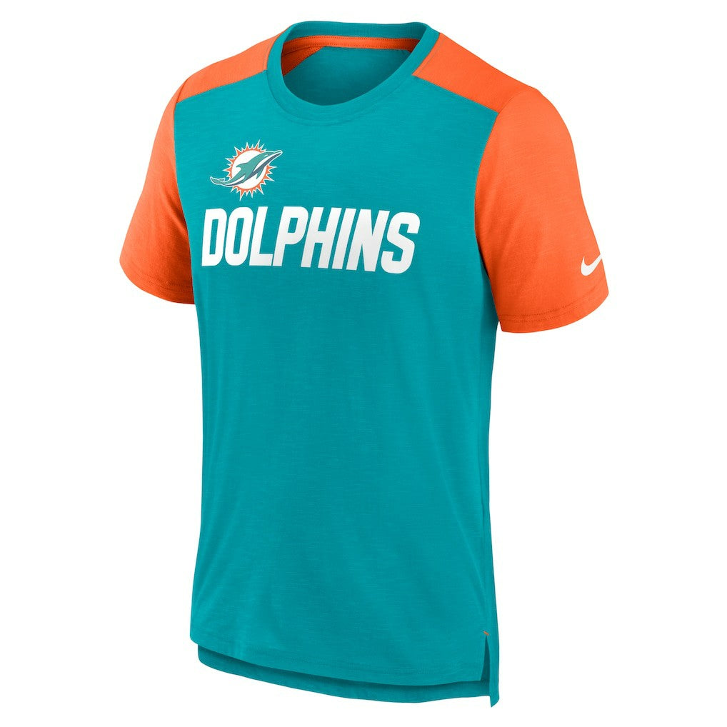 Miami Dolphins Color Block Team Name T-Shirt Heathered Aqua/Heathered Orange | Nike for Sale