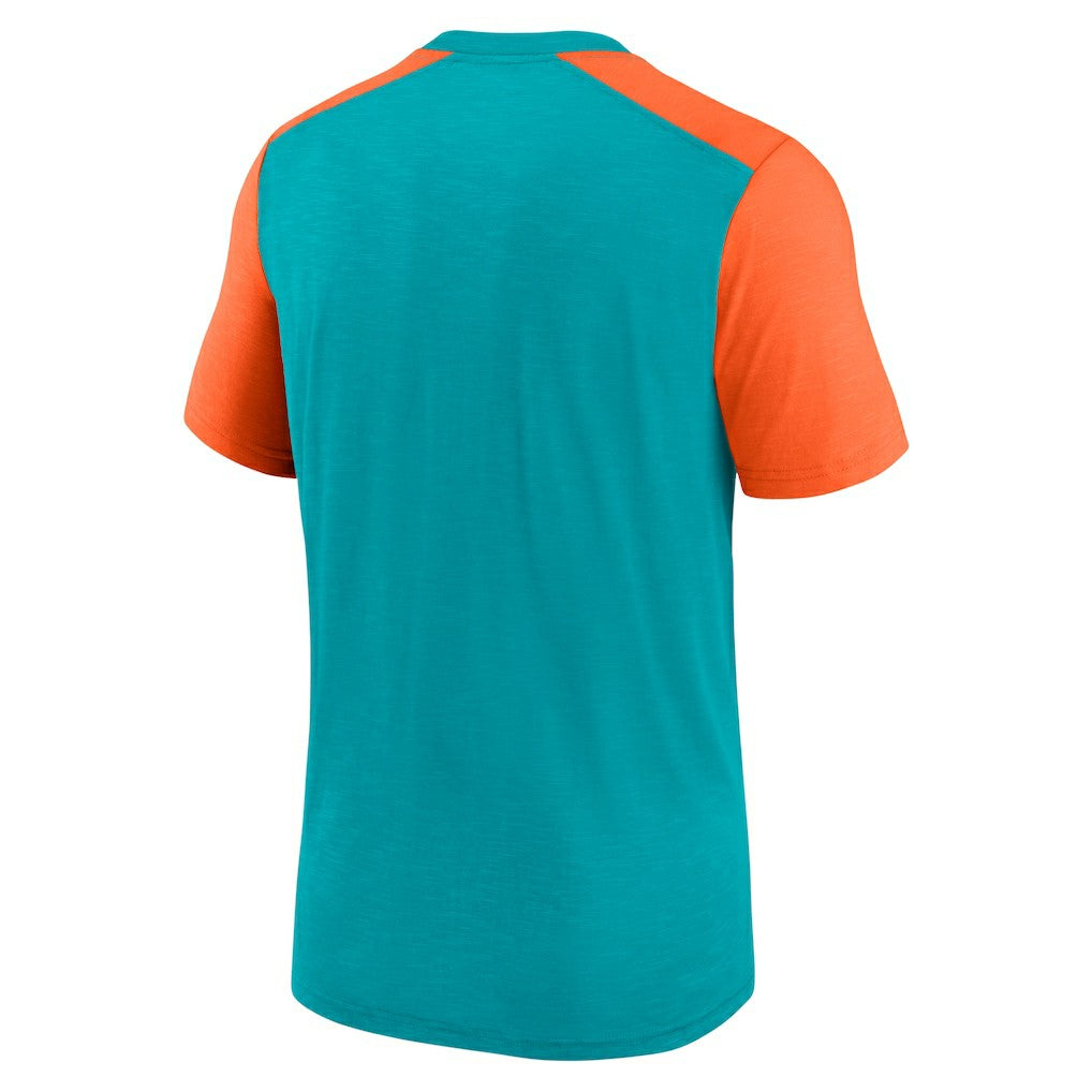 Miami Dolphins Color Block Team Name T-Shirt Heathered Aqua/Heathered Orange | Nike for Sale