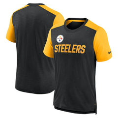 Pittsburgh Steelers Color Block Team Name T-Shirt Heathered Black/Heathered Gold | Nike for Sale