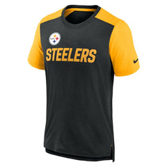 Pittsburgh Steelers Color Block Team Name T-Shirt Heathered Black/Heathered Gold | Nike for Sale