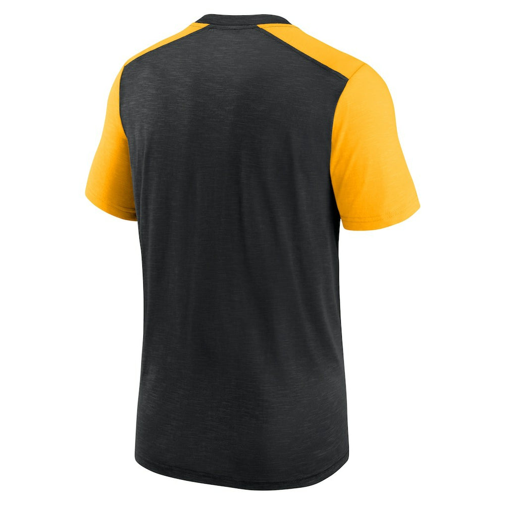 Pittsburgh Steelers Color Block Team Name T-Shirt Heathered Black/Heathered Gold | Nike for Sale