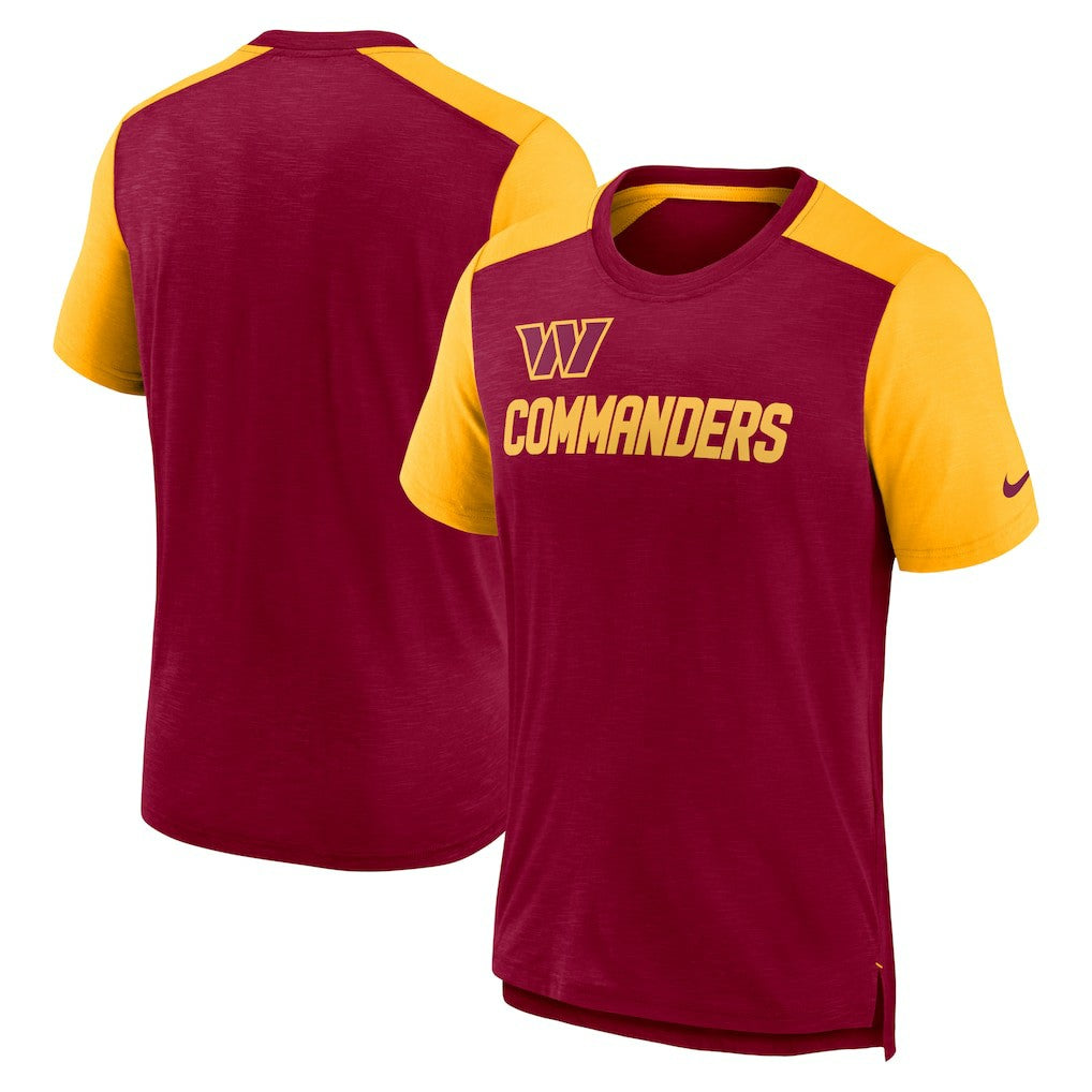 Washington Commanders Color Block Team Name T-Shirt Heathered Burgundy/Heathered Gold | Nike for Sale