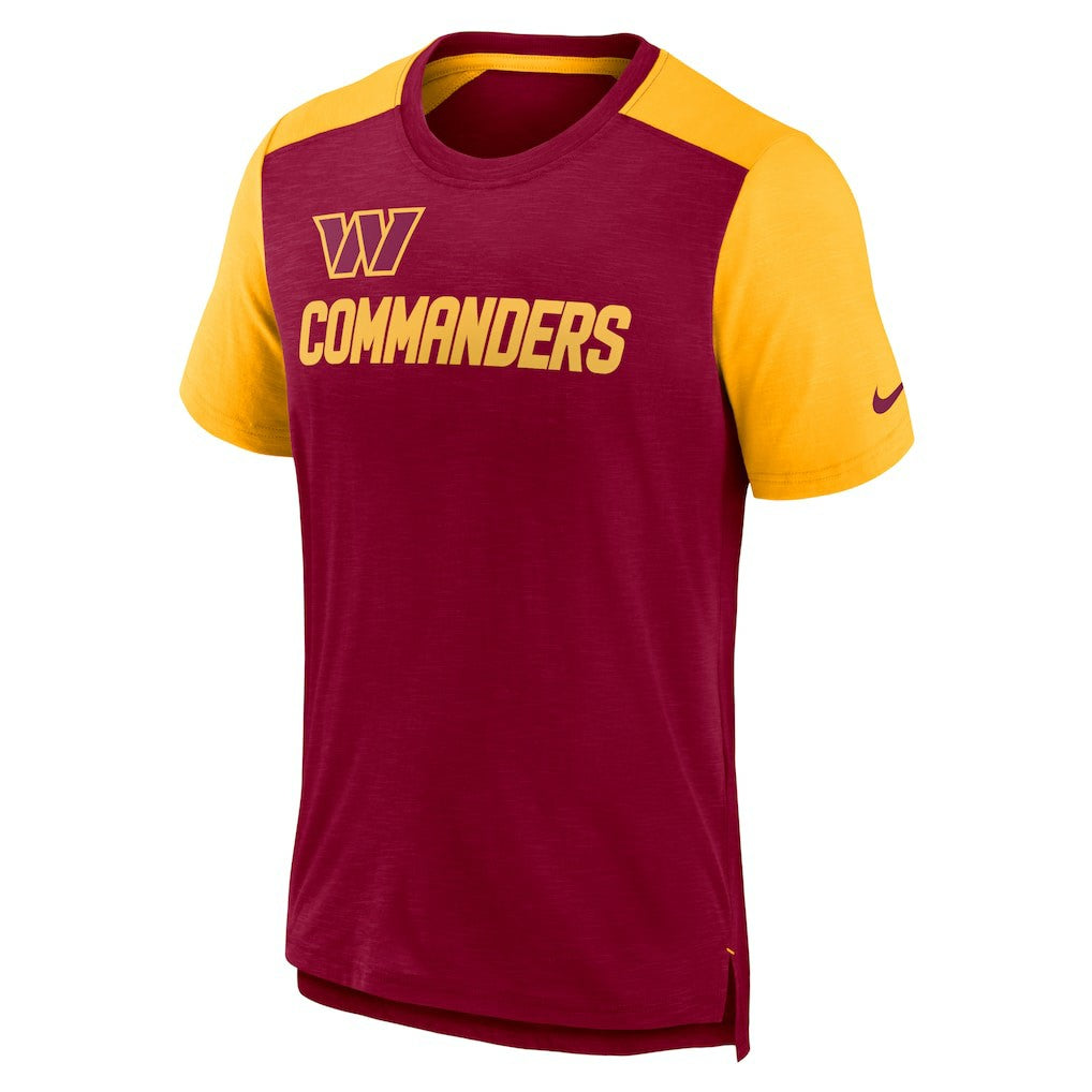 Washington Commanders Color Block Team Name T-Shirt Heathered Burgundy/Heathered Gold | Nike for Sale