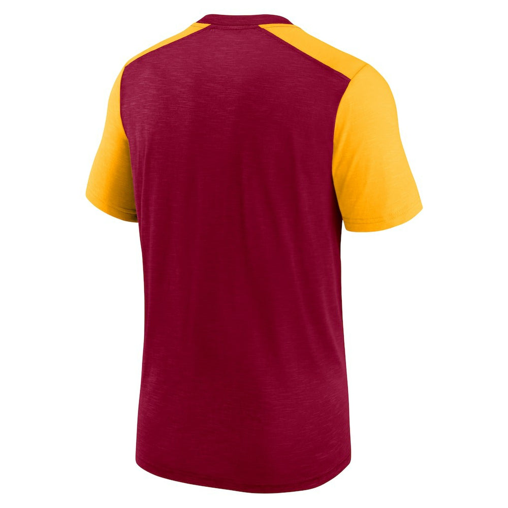 Washington Commanders Color Block Team Name T-Shirt Heathered Burgundy/Heathered Gold | Nike for Sale
