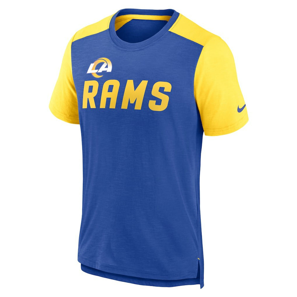 Los Angeles Rams Color Block Team Name T-Shirt Heathered Royal/Heathered Gold | Nike for Sale