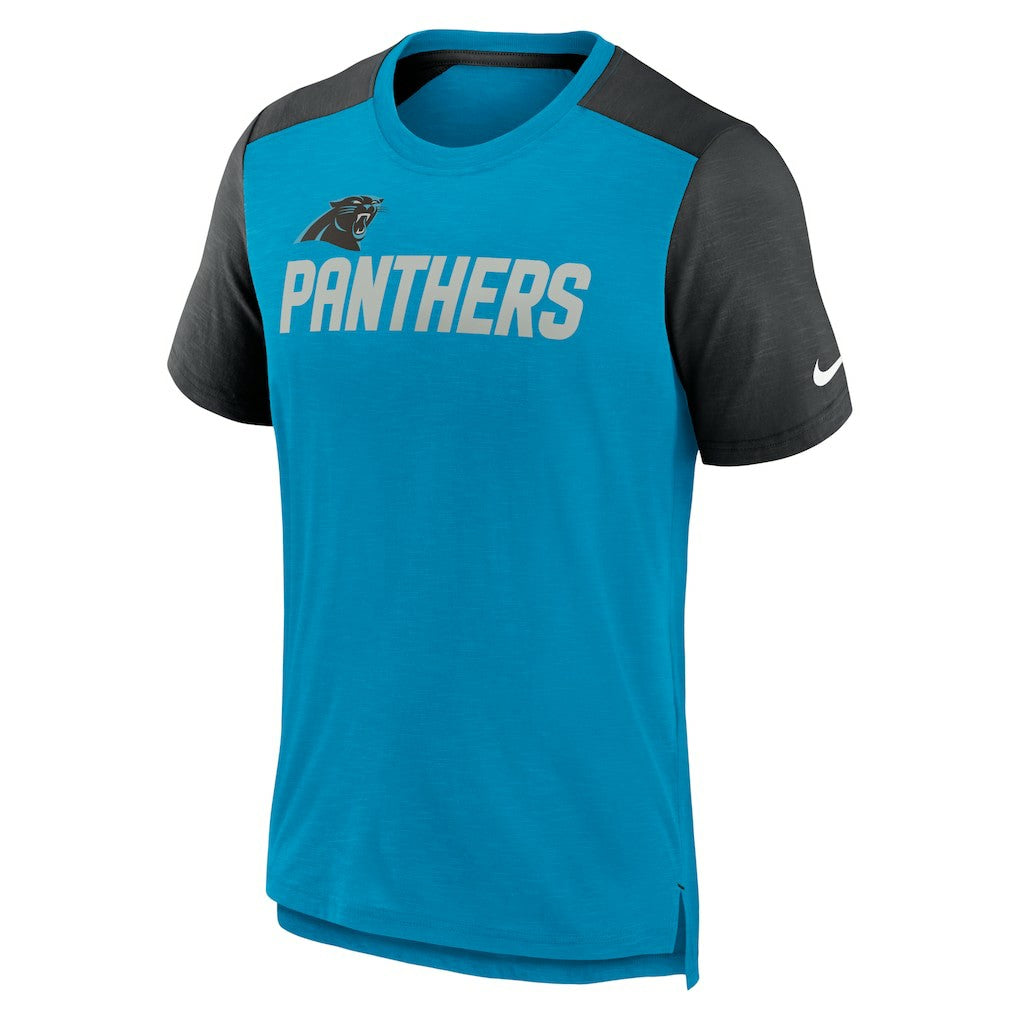 Carolina Panthers Color Block Team Name T-Shirt Heathered Blue/Heathered Black | Nike for Sale