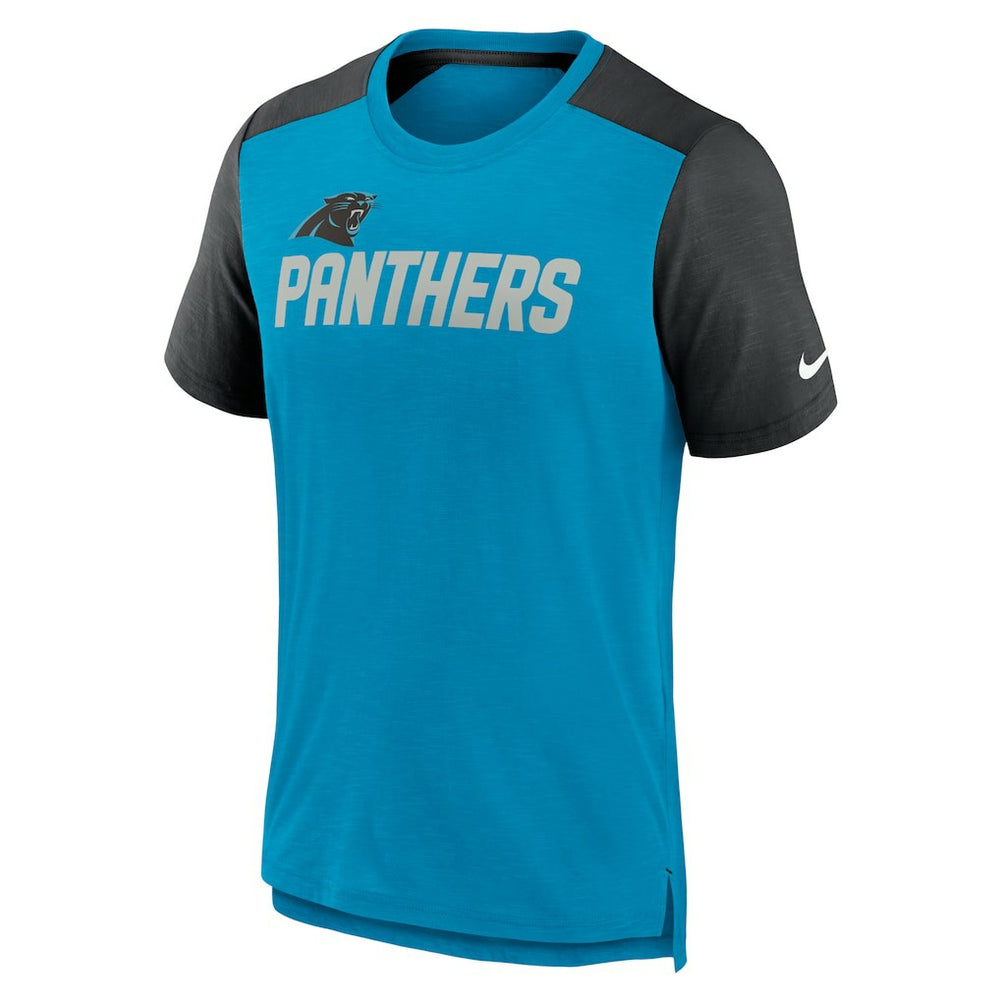 Carolina Panthers Color Block Team Name T-Shirt Heathered Blue/Heathered Black | Nike for Sale
