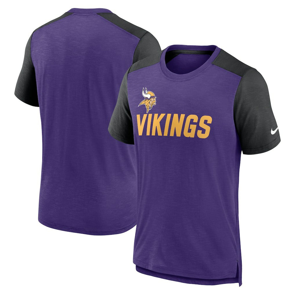 Minnesota Vikings Color Block Team Name T-Shirt Heathered Purple/Heathered Black | Nike for Sale