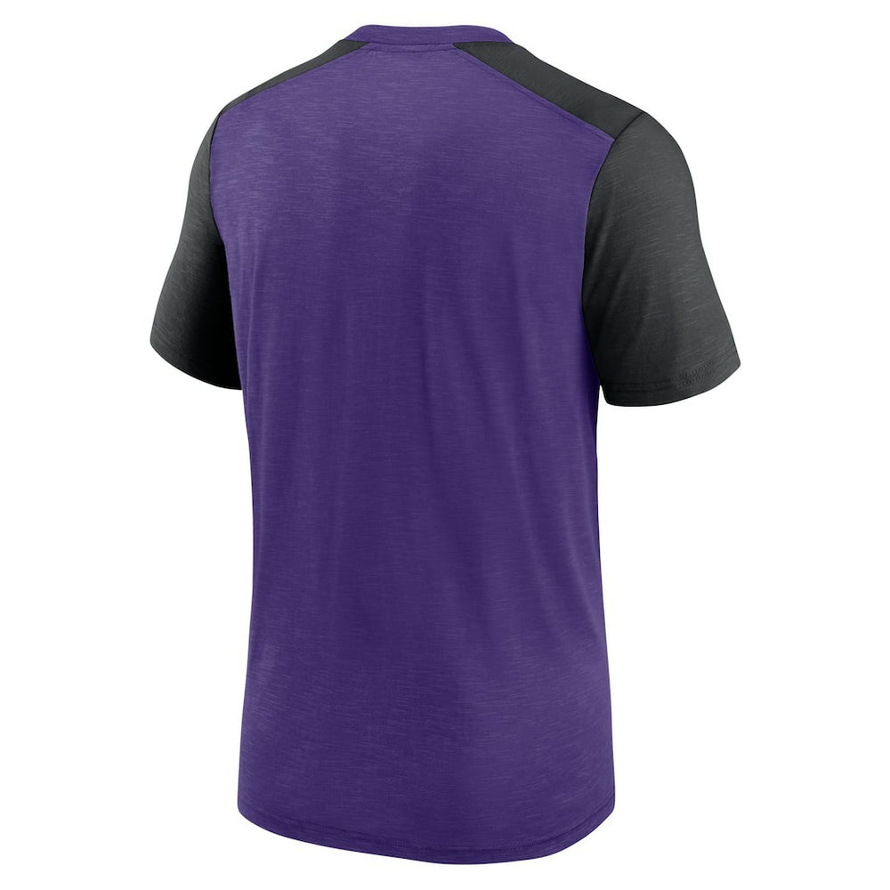 Minnesota Vikings Color Block Team Name T-Shirt Heathered Purple/Heathered Black | Nike for Sale